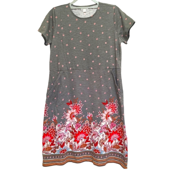 J. Jill Dresses & Skirts - J.Jill Grey Floral Tshirt Dress Pockets Cotton Casual Boho Size M